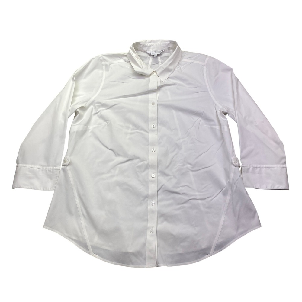 Foxcroft NYC Women 14W White Non Iron Stretch 3/4 Sleve Button Down Shirt Blouse